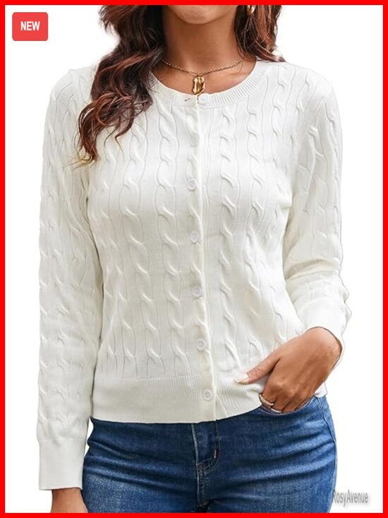 Sweaters - Long Sleeve Button Up Cable Knit Cardigan Lightweight Crewneck Sweater